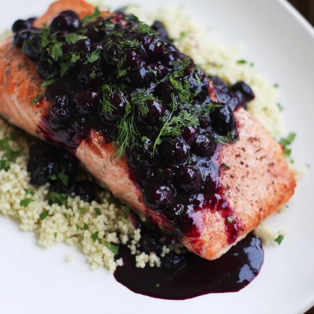 Four glazed salmon fillets with a vibrant blueberry sauce sit atop fluffy lemon herb couscous, garnished with fresh dill and lemon wedges on a white plate.