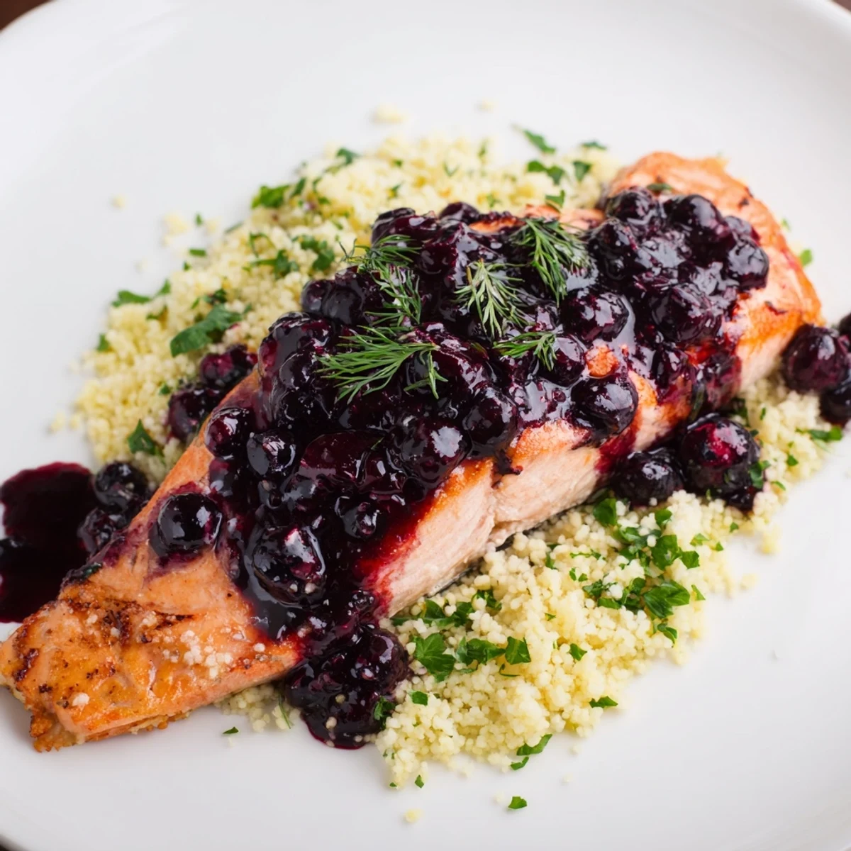 Blueberry glazed salmon rests on a bed of lemon herb couscous, drizzled with extra sauce and fresh herbs, ready to serve for a healthy dinner.