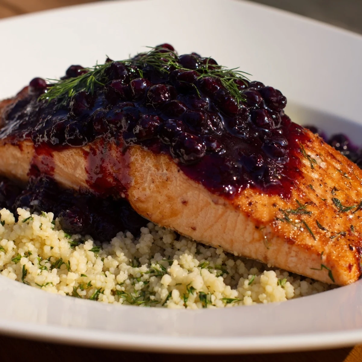 A close-up of succulent salmon fillet with a glossy blueberry glaze beside aromatic lemon herb couscous, garnished with parsley and lemon for a fresh finish.