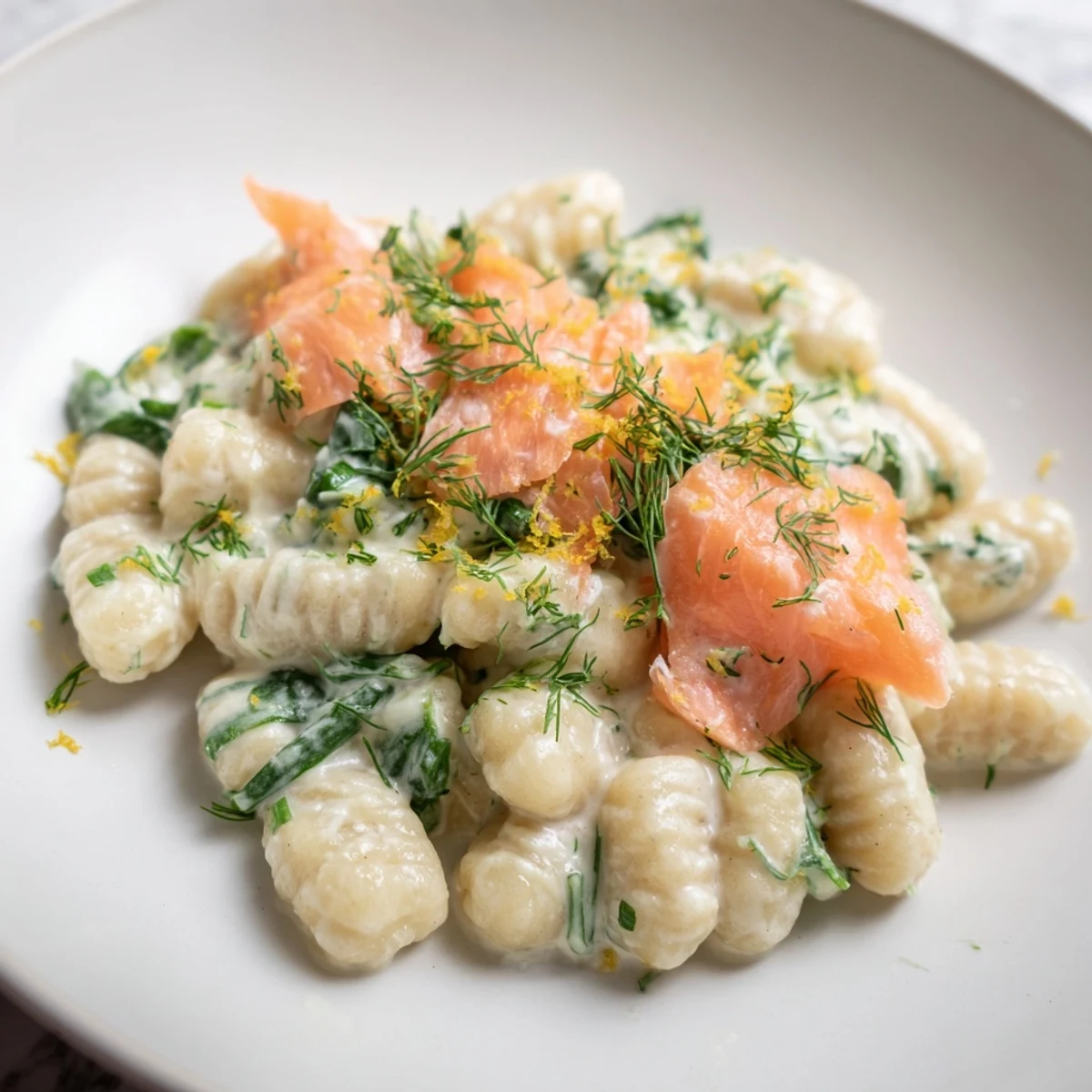 Creamy Healthy Smoked Salmon Gnocchi twirls with fresh dill and spinach in a lemony sauce.