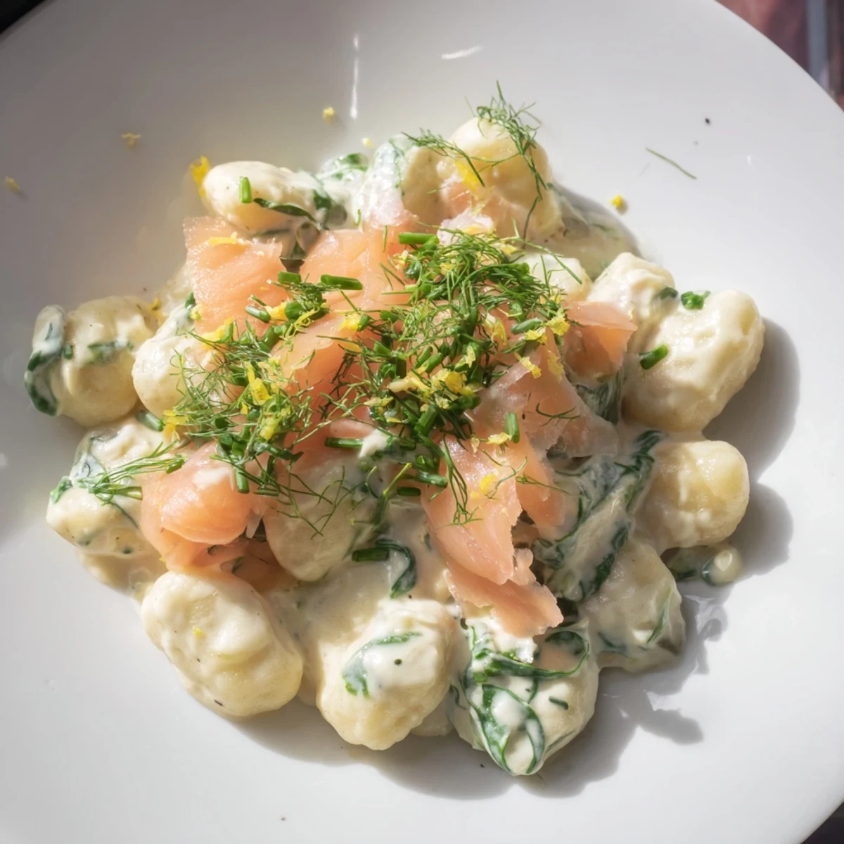 A fork lifts Healthy Smoked Salmon Gnocchi, revealing silky salmon and baby spinach in sauce.