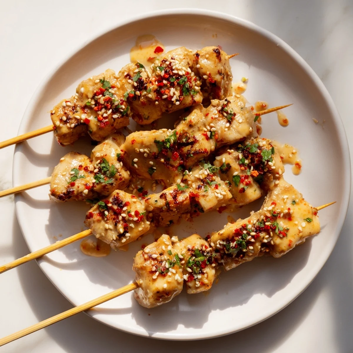 Juicy Bang Bang Chicken Skewers glazed with creamy, spicy-sweet sauce, garnished with cilantro and sesame seeds.