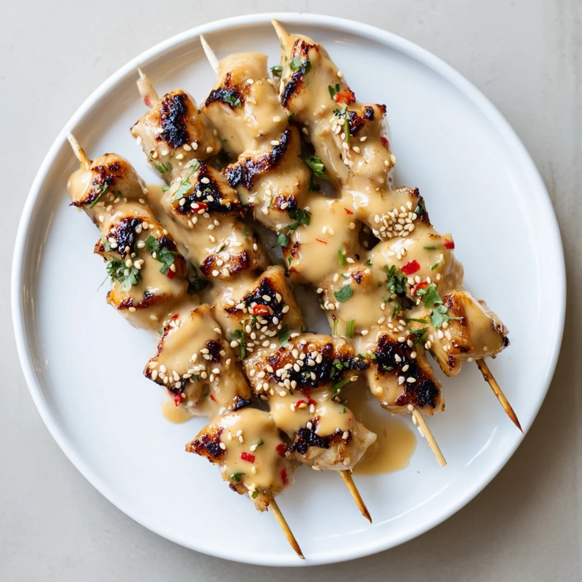 Sizzling Bang Bang Chicken Skewers fresh off the grill, drizzled with sauce and lime on a platter.