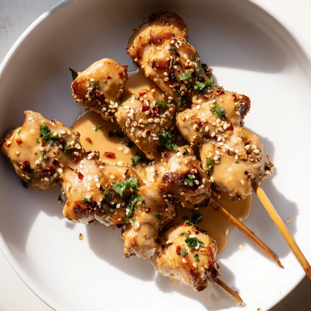 Appetizing Bang Bang Chicken Skewers served with lime wedges, perfect for parties or weeknight dinner.