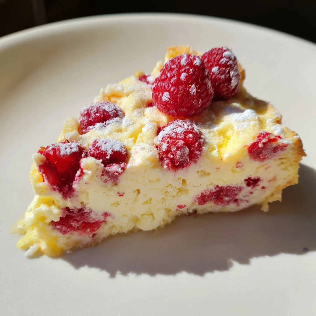The finished Lemon Raspberry Cottage Cheese Bake, sliced to reveal its creamy interior and vibrant berry pockets.