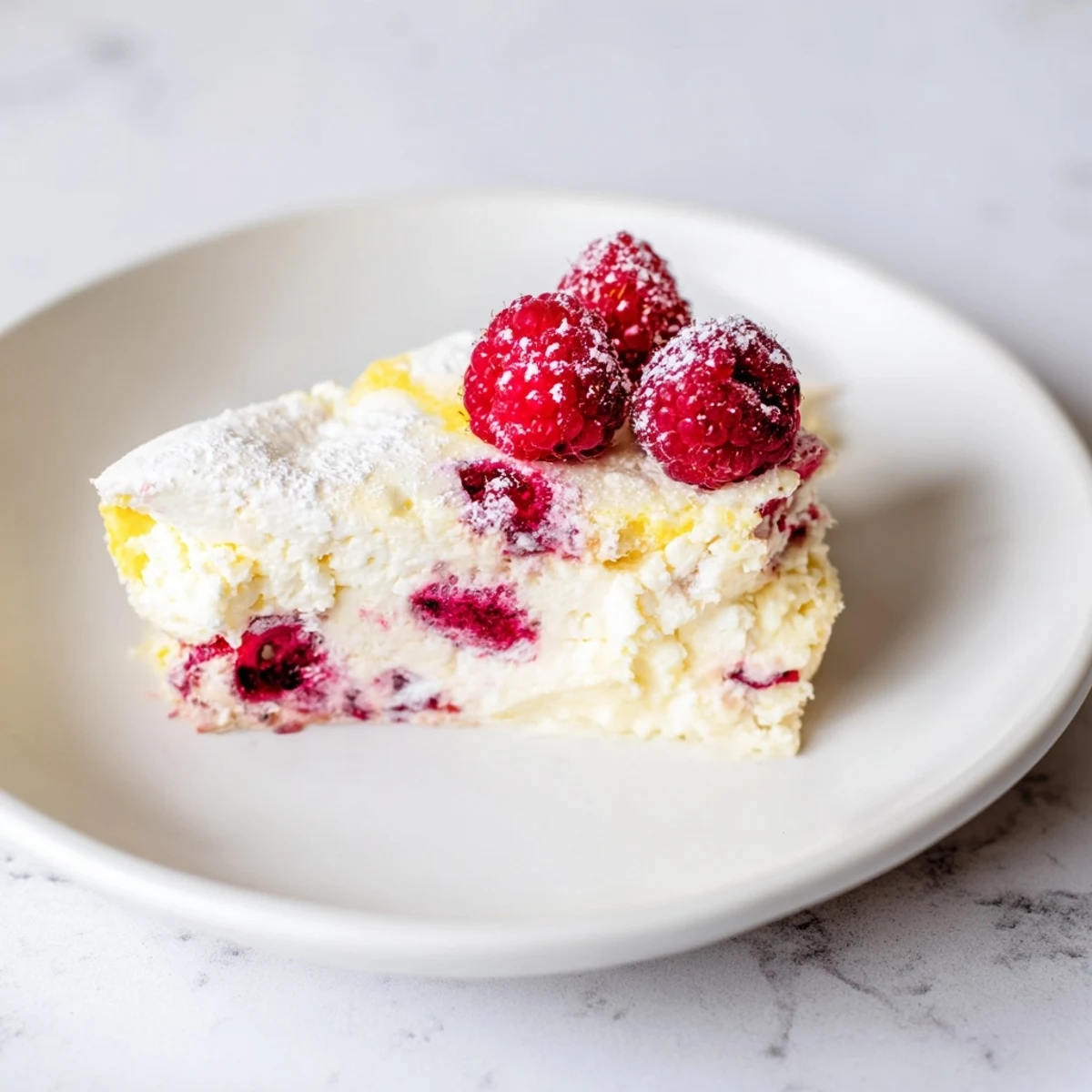 A slice of tangy Lemon Raspberry Cottage Cheese Bake on a plate, ready for a healthy dessert or brunch.