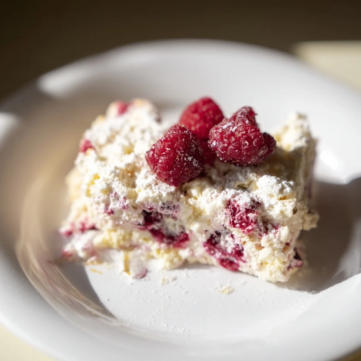 A golden-brown Lemon Raspberry Cottage Cheese Bake served chilled with a dusting of powdered sugar and fresh berries.