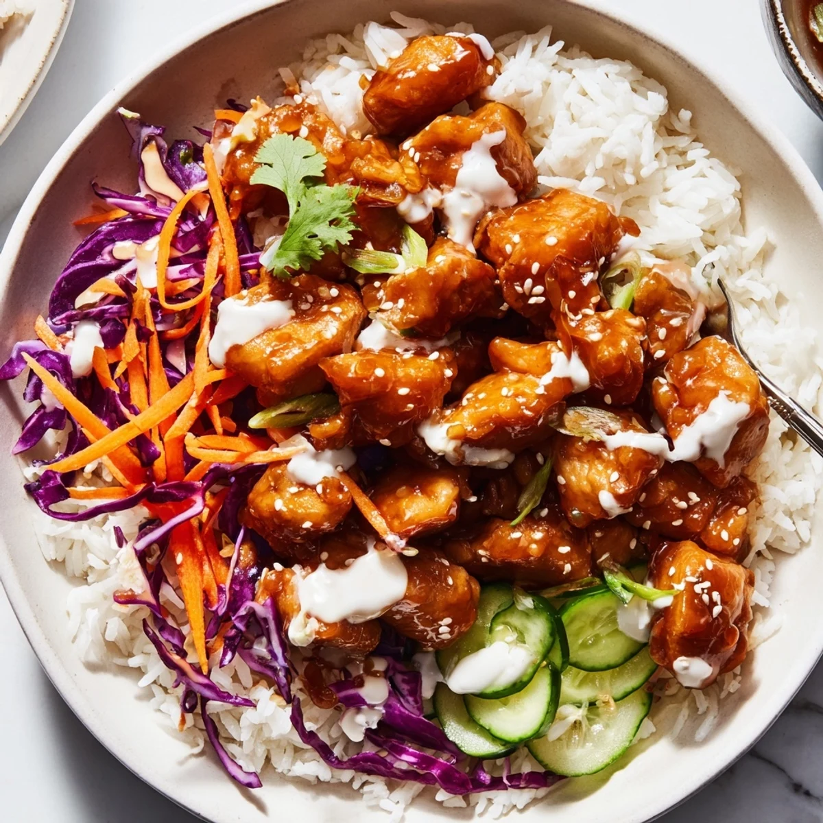 Sweet chili glazed chicken pieces over jasmine rice, topped with crisp purple cabbage, carrots, and cucumber in a vibrant bowl.