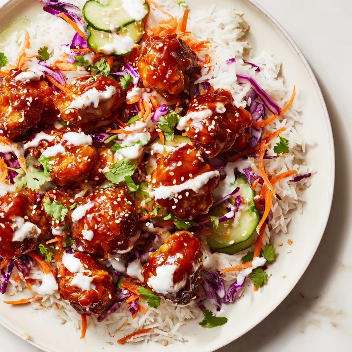 A close-up view of the Marry Me Sweet Chili Chicken Bowl showcasing juicy chicken, fresh vegetables, and toasted sesame seeds garnish.