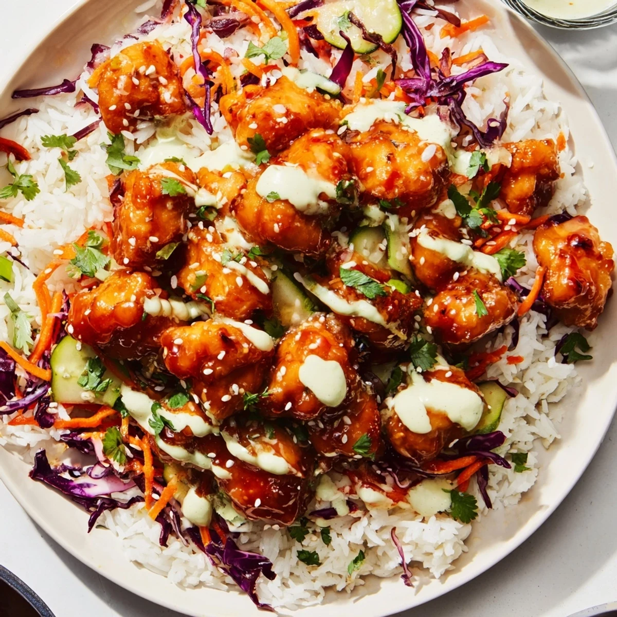 Drizzling creamy coconut lime sauce over the Marry Me Sweet Chili Chicken Bowl adds a tangy, aromatic finish to the dish.