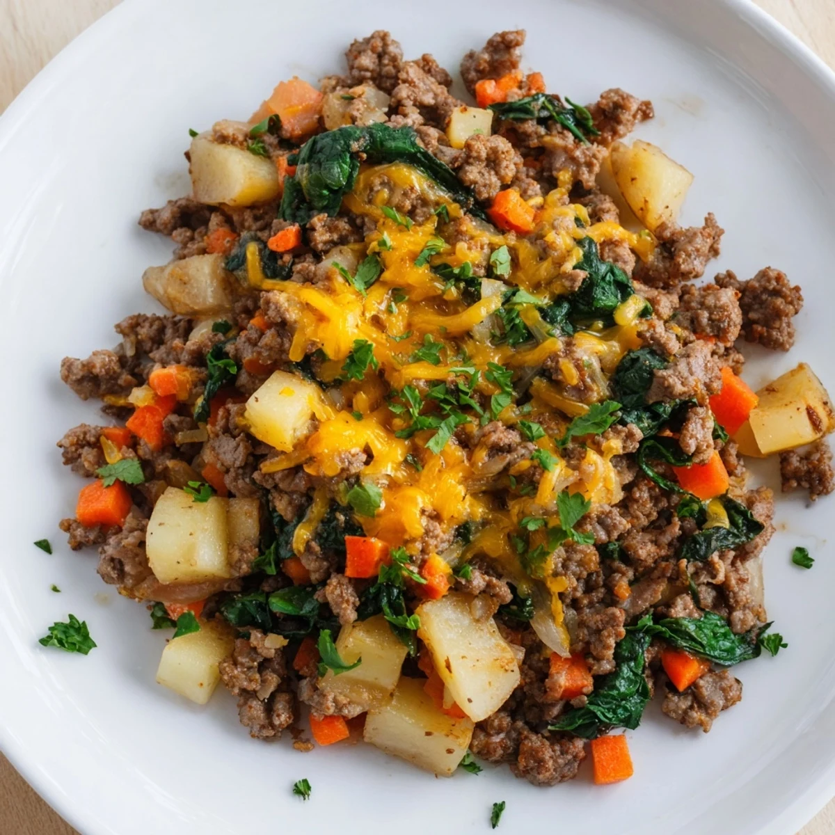 Steaming skillet of High Protein Ground Beef and Potatoes with melted cheese and fresh parsley garnish.