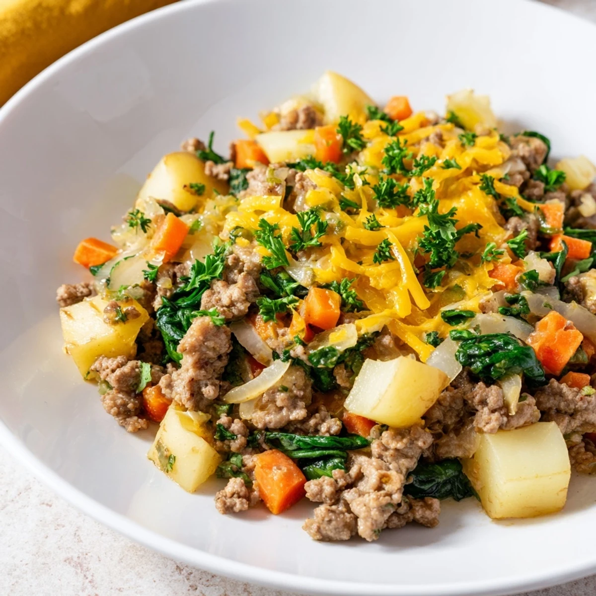 Close-up of High Protein Ground Beef and Potatoes featuring juicy beef cubes and tender diced potatoes.