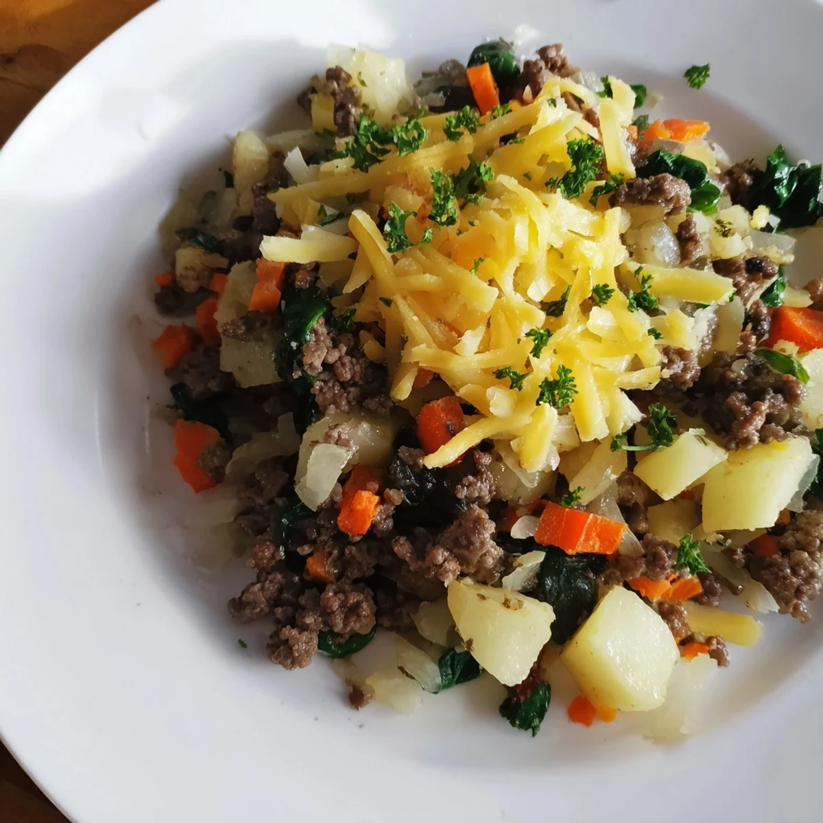 Served High Protein Ground Beef and Potatoes with vibrant spinach and carrots in a rustic cast-iron skillet.