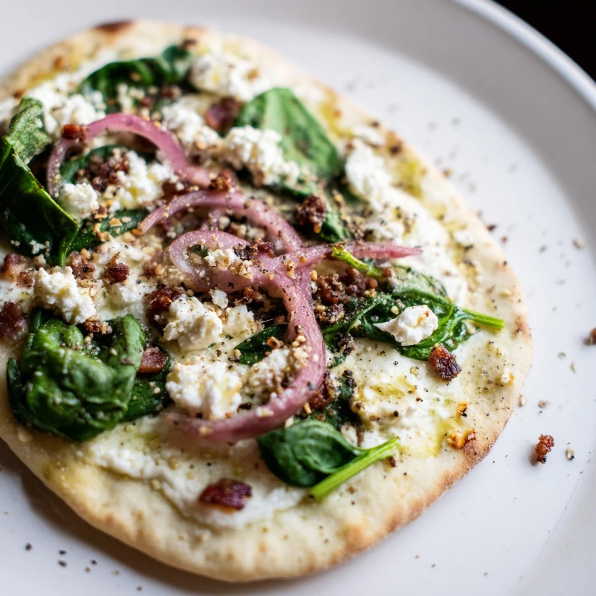 Spinach and Feta Flatbread Pizza slices showing vibrant green spinach and creamy feta on a white plate.