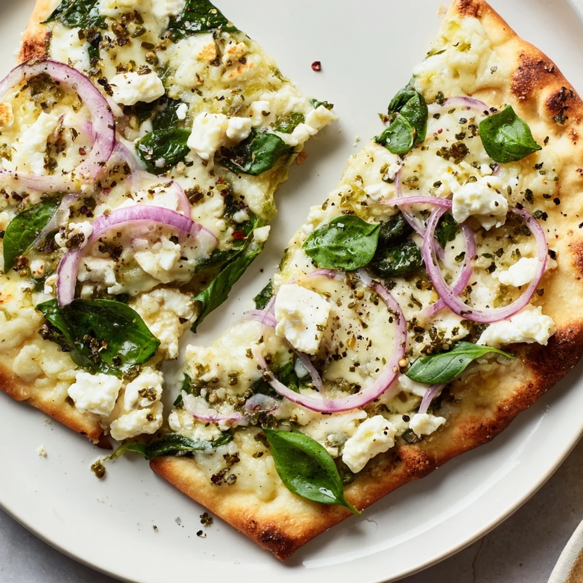 A close-up of Spinach and Feta Flatbread Pizza with aromatic garlic oil and fresh herbs garnish.
