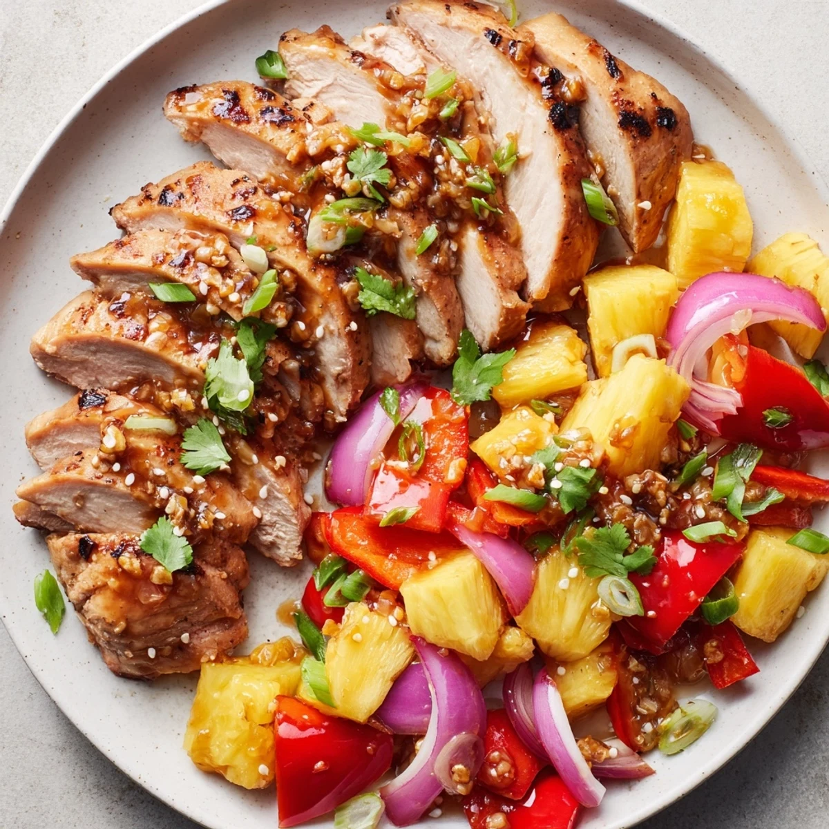Juicy chicken with caramelized pineapple chunks and colorful bell peppers on a parchment-lined sheet pan, ready to serve.