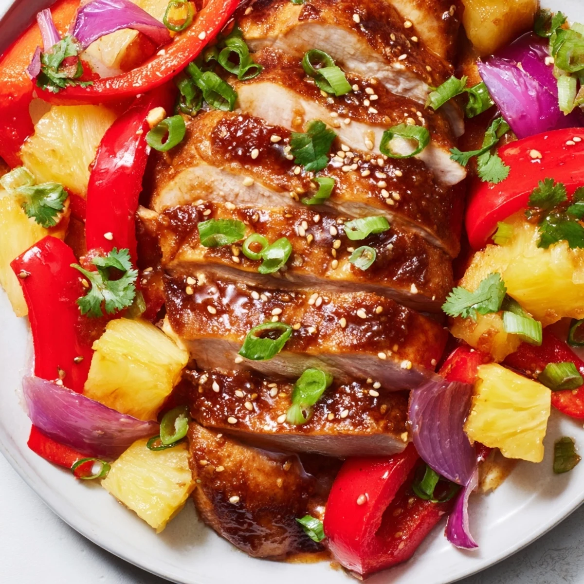 Freshly baked Marry Me Sheet Pan Hawaiian Chicken served over steamed rice with cilantro and sesame seed garnish.