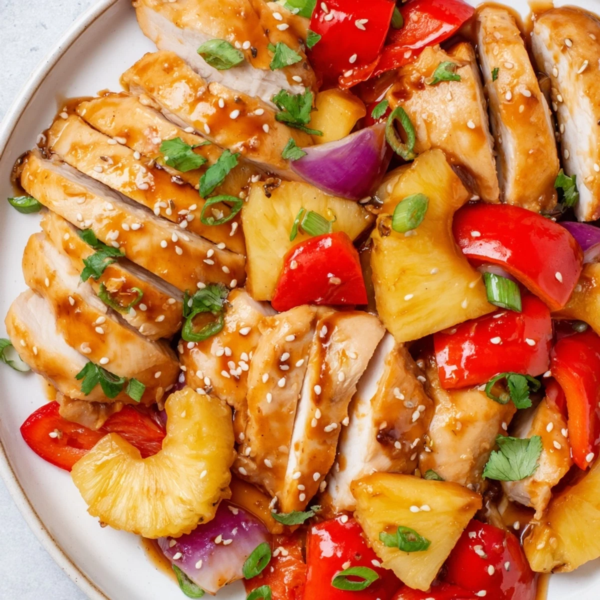 Golden-brown chicken breasts on a sheet pan with roasted pineapple, bell peppers, and red onion, drizzled with a glossy Hawaiian sauce.