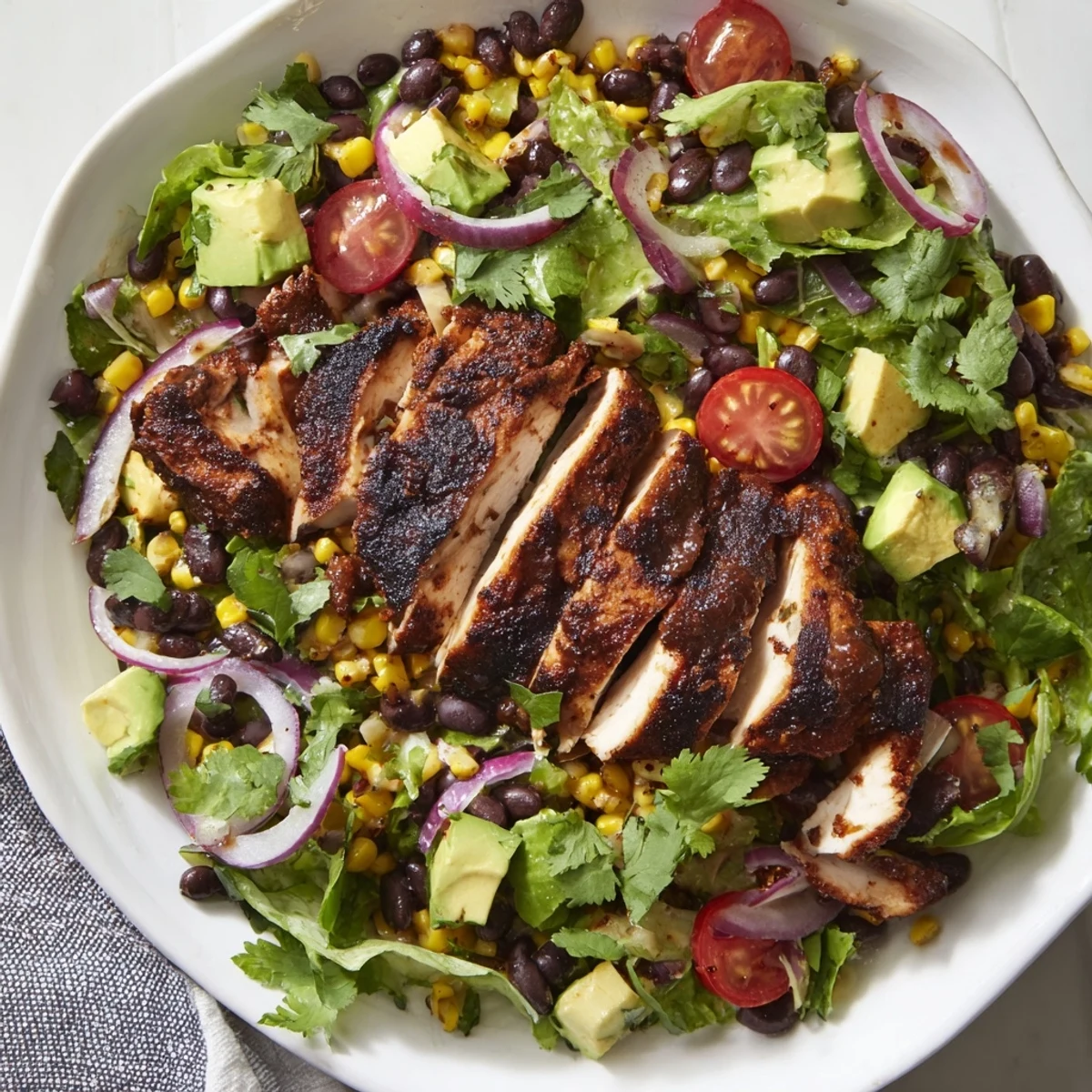 Fresh grilled Chipotle Lime Chicken Salad arranged over mixed greens with sliced avocado and cherry tomatoes.