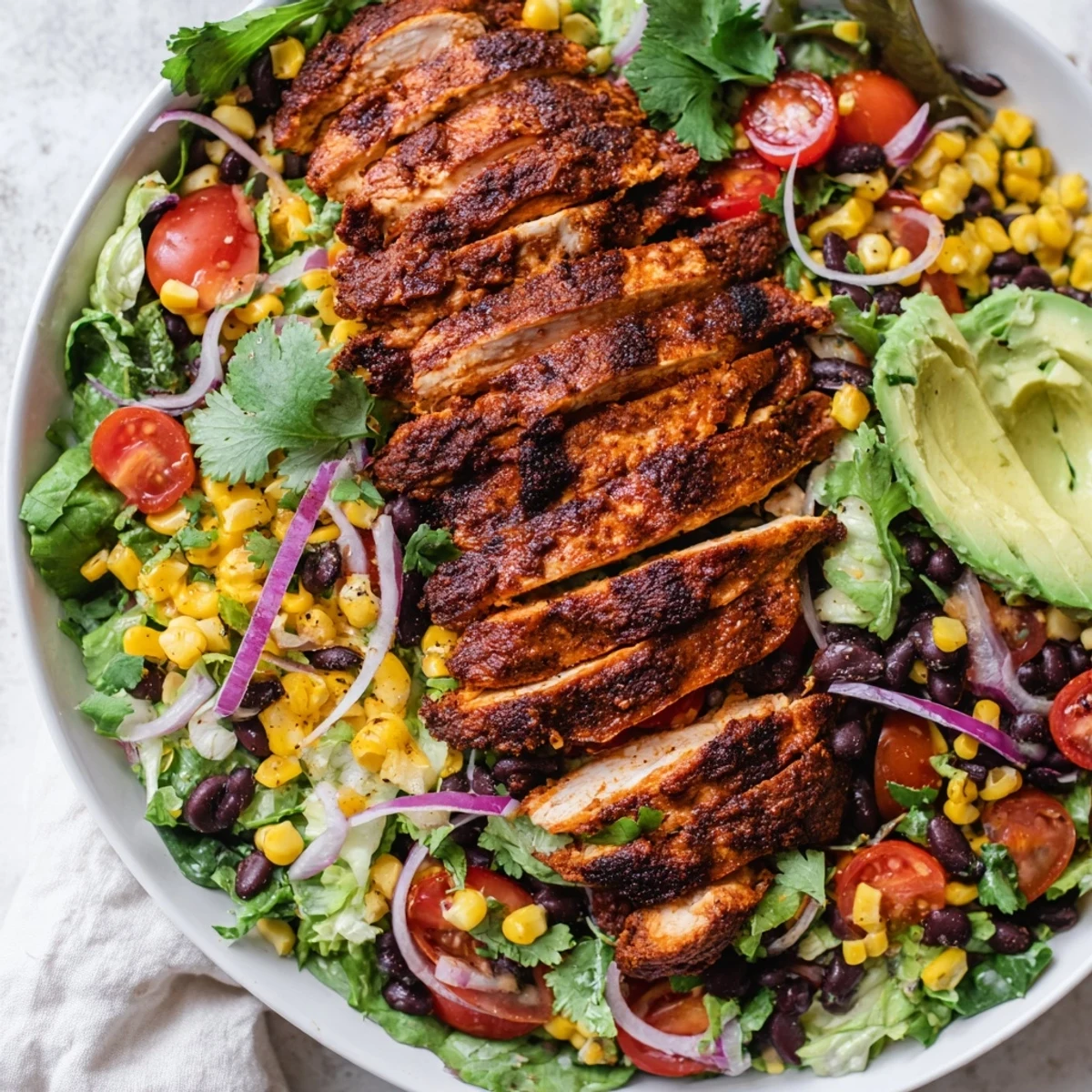 Colorful Chipotle Lime Chicken Salad in a wide bowl with cilantro garnish and tangy lime dressing drizzle.