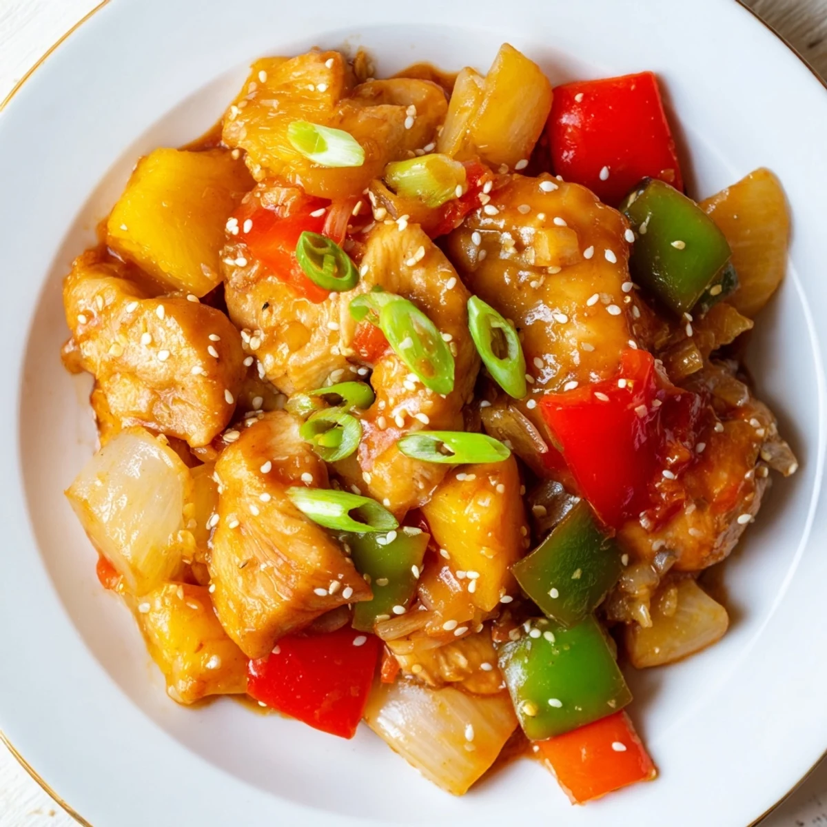 The Slow Cooker Hawaiian Pineapple Chicken features tender shredded chicken thighs coated in a glossy, tangy-sweet sauce with vibrant red and green bell peppers and juicy pineapple chunks.