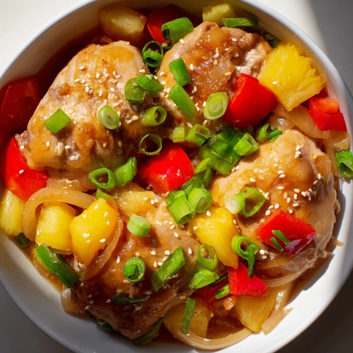 A close-up view of the Slow Cooker Hawaiian Pineapple Chicken reveals tender meat and glazed vegetables in a rich sauce, garnished with fresh green onions and sesame seeds.