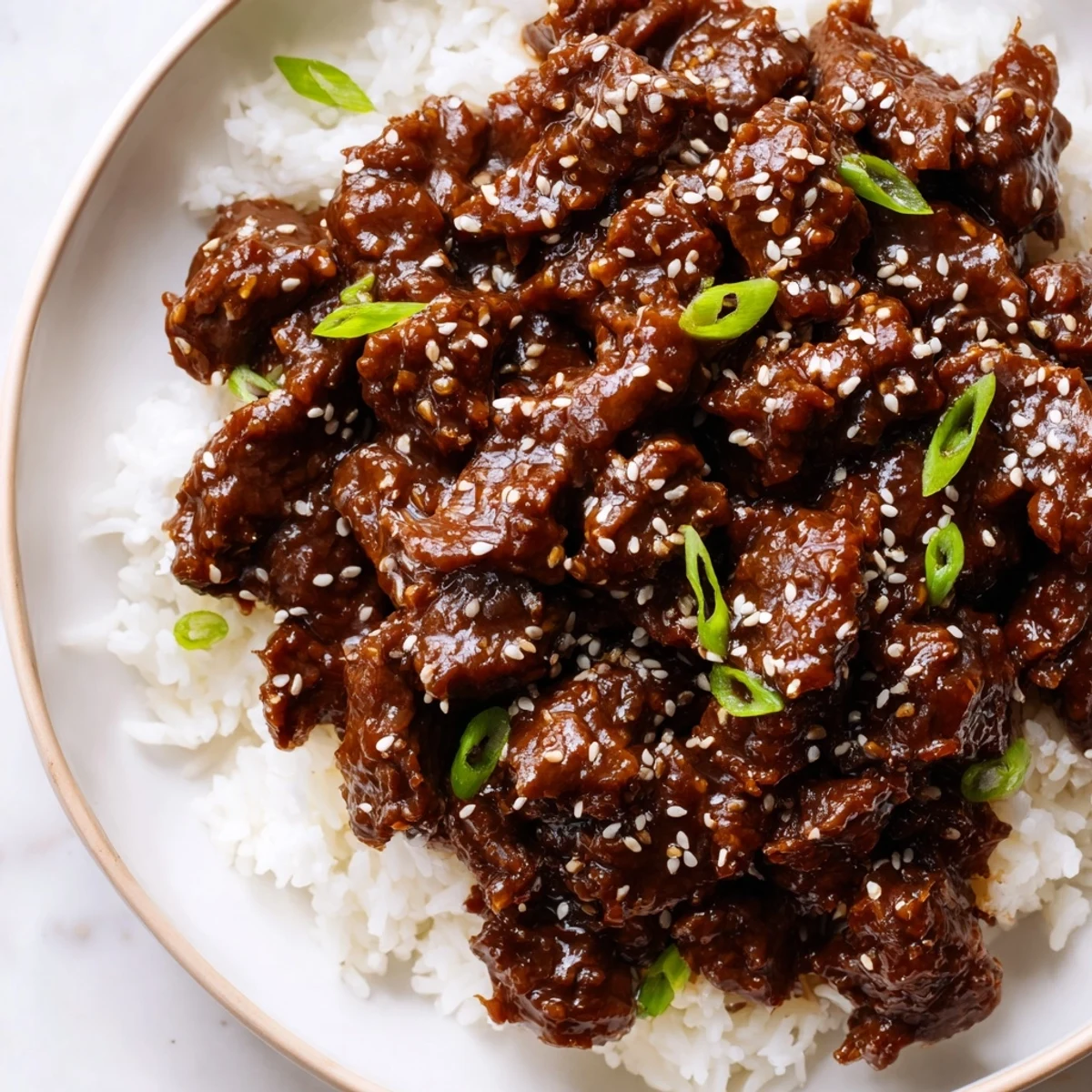 A close-up of juicy Crock Pot Korean Beef piled into crisp lettuce wraps with a drizzle of savory sauce.