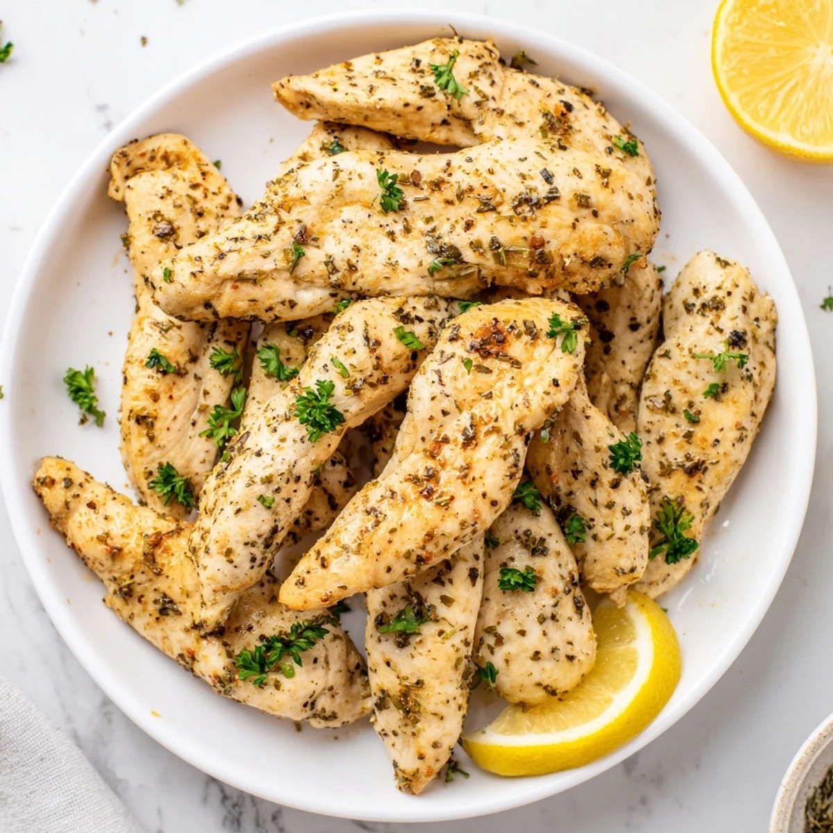 Golden-brown Oven Baked Chicken Breasts rest on a white plate, garnished with fresh parsley and lemon wedges.