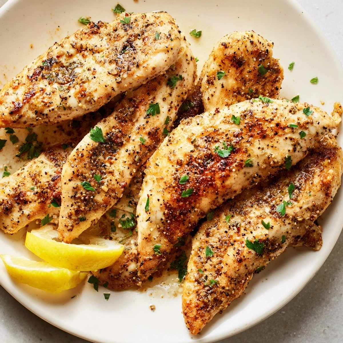 Perfectly seasoned Oven Baked Chicken Breasts arranged in a baking dish with melted herb butter on top.