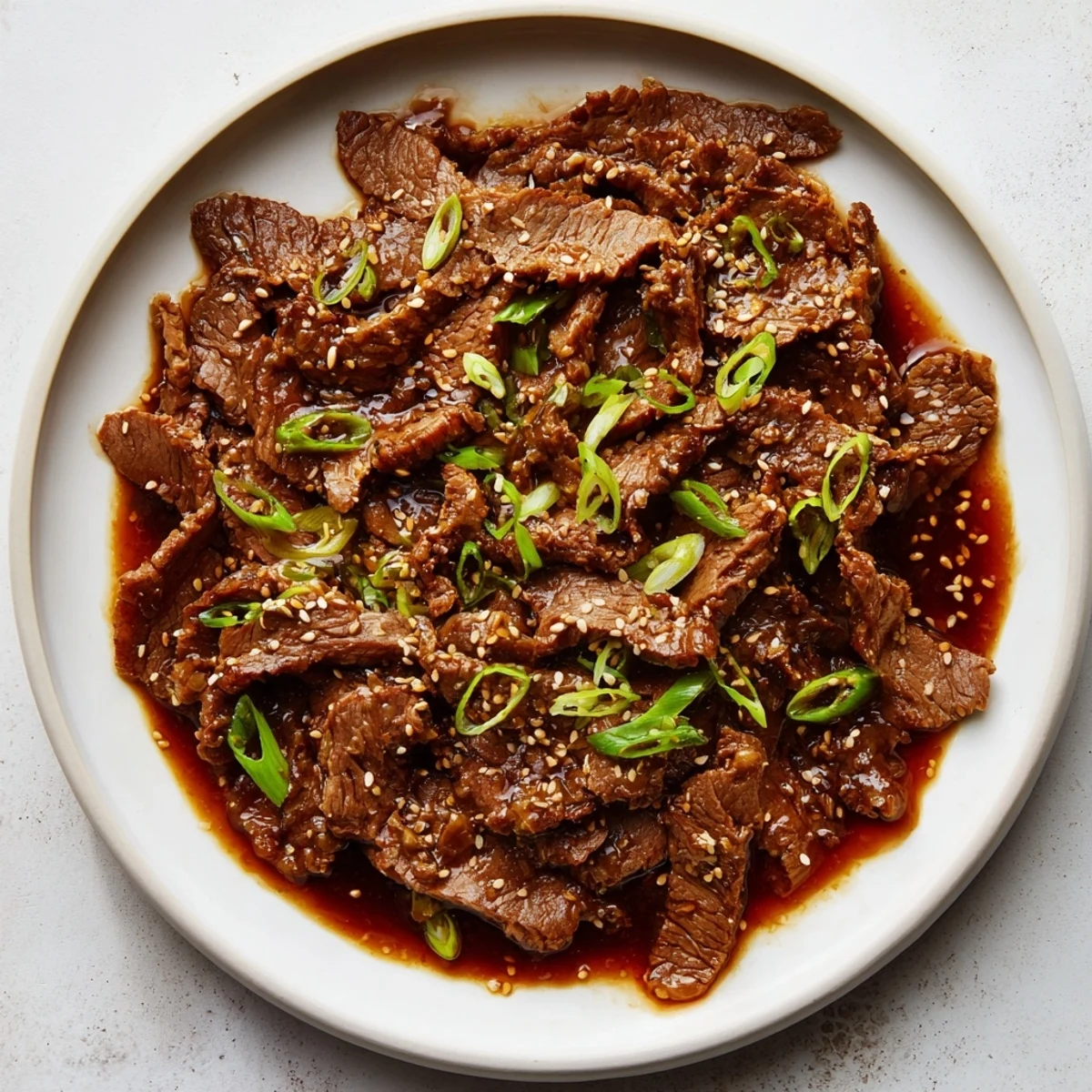 Close-up of Ultimate Slow Cooker Mongolian Beef slices glistening in savory sauce, paired with toasted sesame seeds and steamed rice.