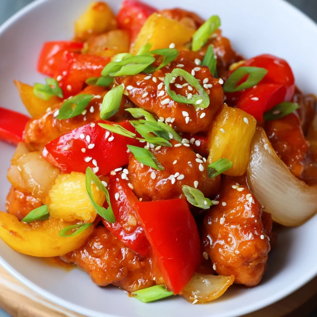 A close-up of juicy slow-cooked chicken and vibrant veggies in Sweet Hawaiian Crockpot Chicken, served over steamed rice.