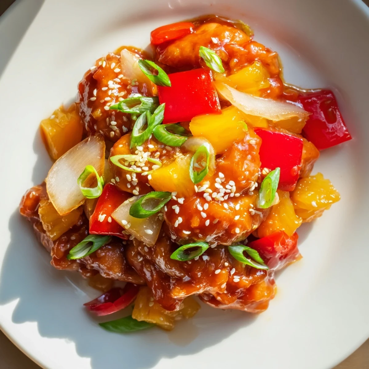 Tender shredded chicken in a glossy pineapple sauce with bell peppers and sesame seeds in the Sweet Hawaiian Crockpot Chicken.