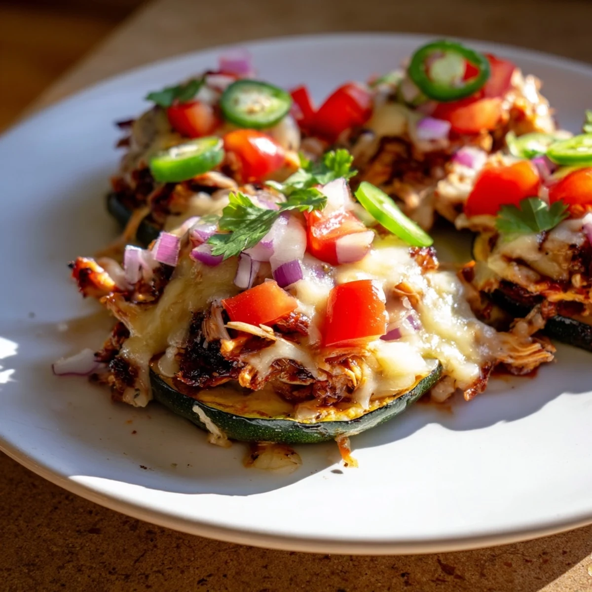 Cheesy BBQ Chicken Zucchini Nachos sit on a tray with melted cheddar, diced red onion, cilantro, and lime wedges for serving.