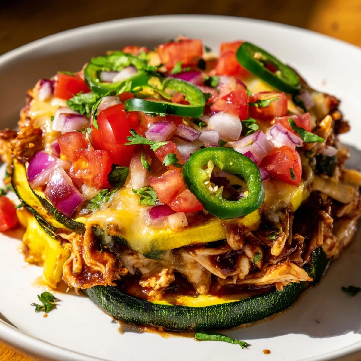 Golden roasted zucchini rounds topped with smoky BBQ chicken, melted cheese, fresh tomatoes, and jalapeños, served on a baking sheet.