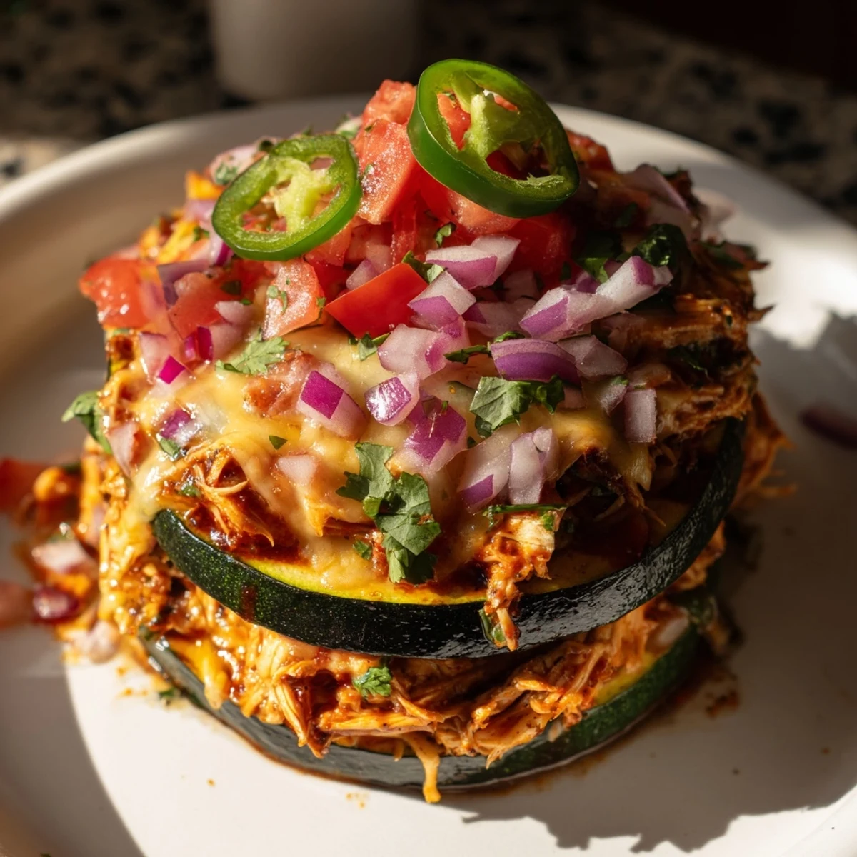 A close-up of Cheesy BBQ Chicken Zucchini Nachos reveals bubbly cheese, tender chicken, and vibrant toppings, perfect for a low-carb appetizer.