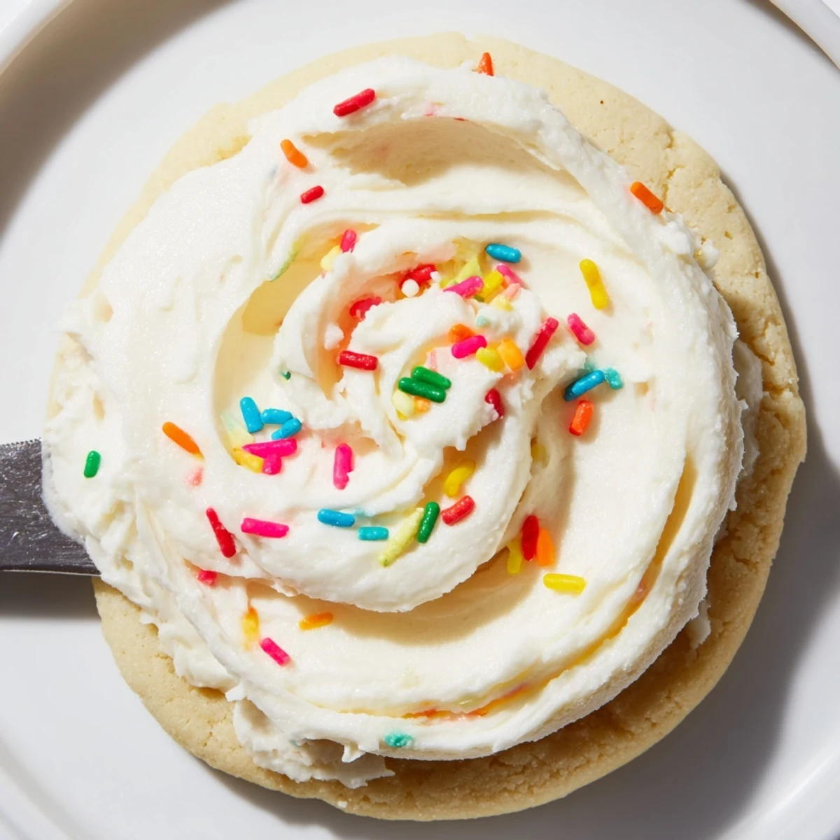 Soft Sour Cream Sugar Cookies With Cream Cheese Frosting are stacked on a white plate with a cozy kitchen backdrop, ready for serving.