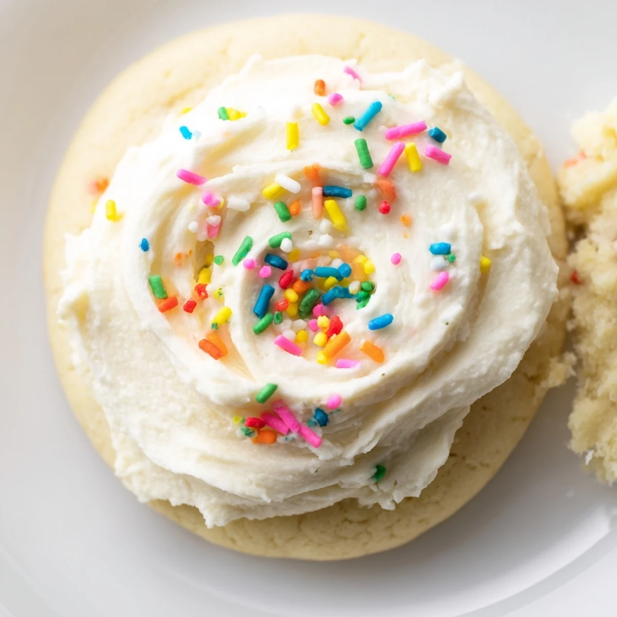 Close-up view of Soft Sour Cream Sugar Cookies With Cream Cheese Frosting, showing creamy swirls and soft crumb on a marble countertop.