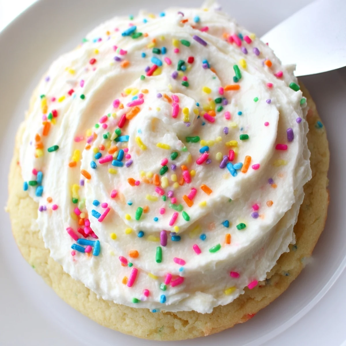 A festive plate of Soft Sour Cream Sugar Cookies With Cream Cheese Frosting, decorated with colorful sprinkles and a glass of milk nearby.