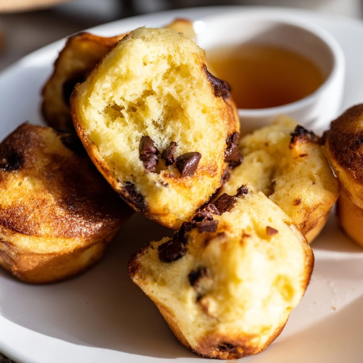 Fluffy Pancake Poppers studded with mini chocolate chips peek out from a mini muffin tin, perfect for brunch.