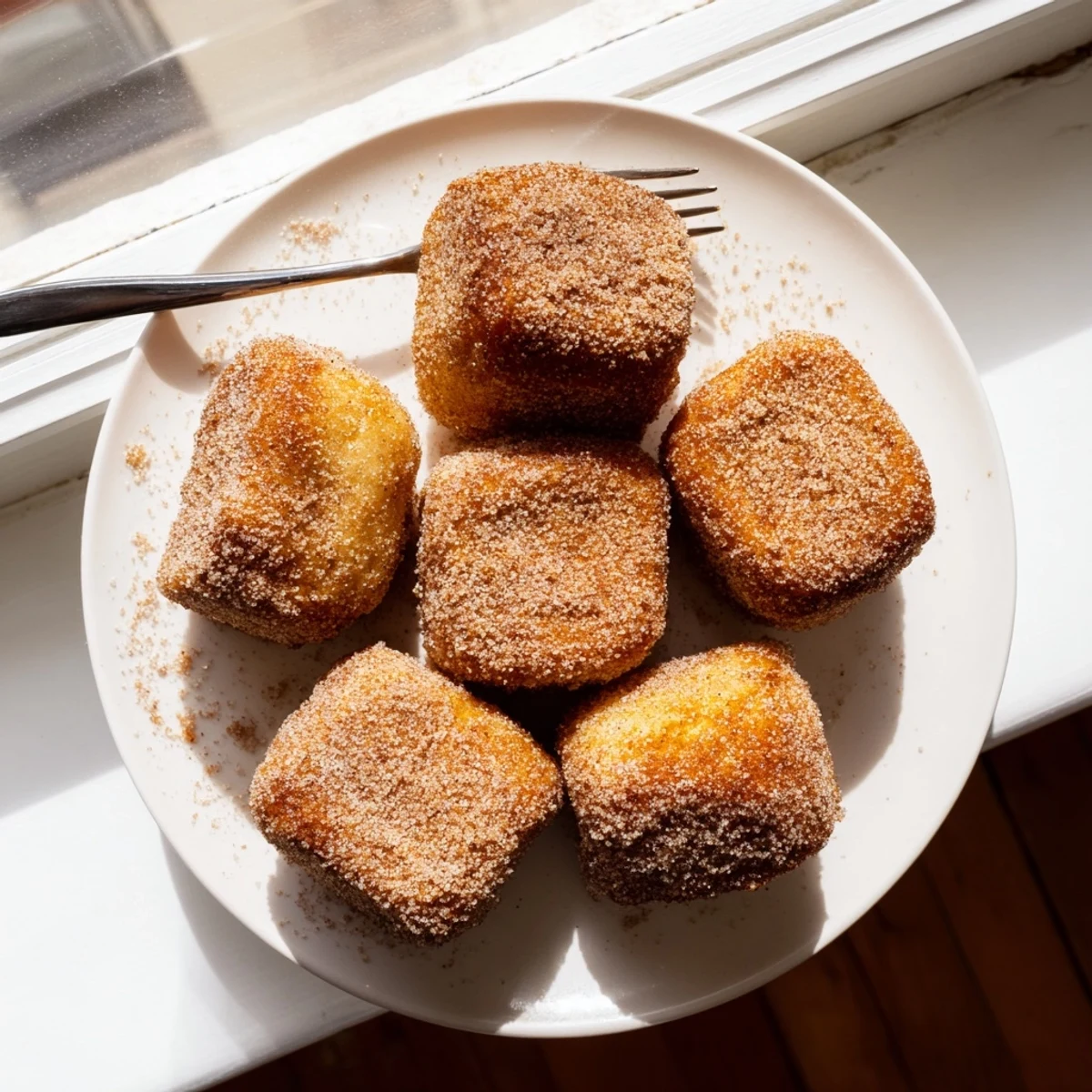 Freshly baked Cinnamon Sugar French Toast Muffins dusted with sweet cinnamon sugar, served warm on a rustic wooden board.