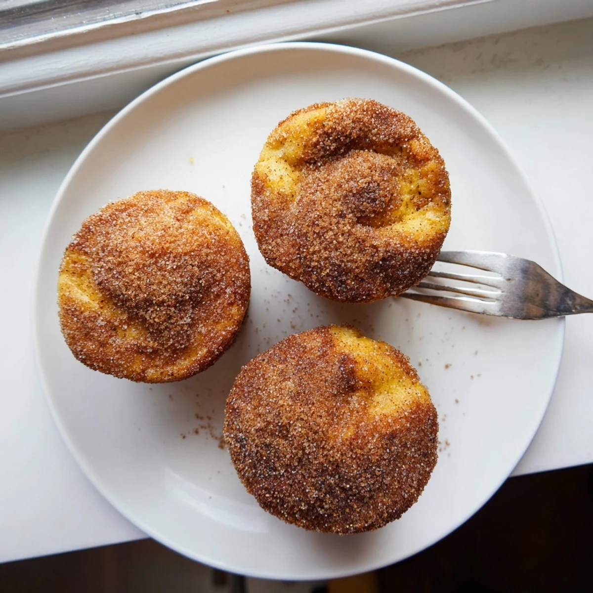 Two moist Cinnamon Sugar French Toast Muffins on a plate with fresh berries, showcasing a soft, custardy bread texture.