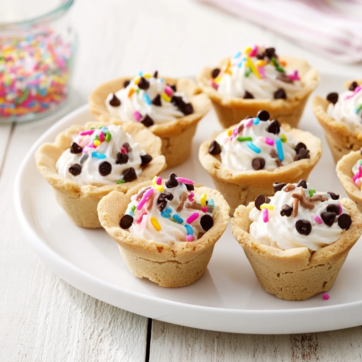 Freshly baked Sugar Cookie Cups rest on a wire rack, their edges golden and centers gently indented, waiting to be filled with vanilla cream and topped with berries.