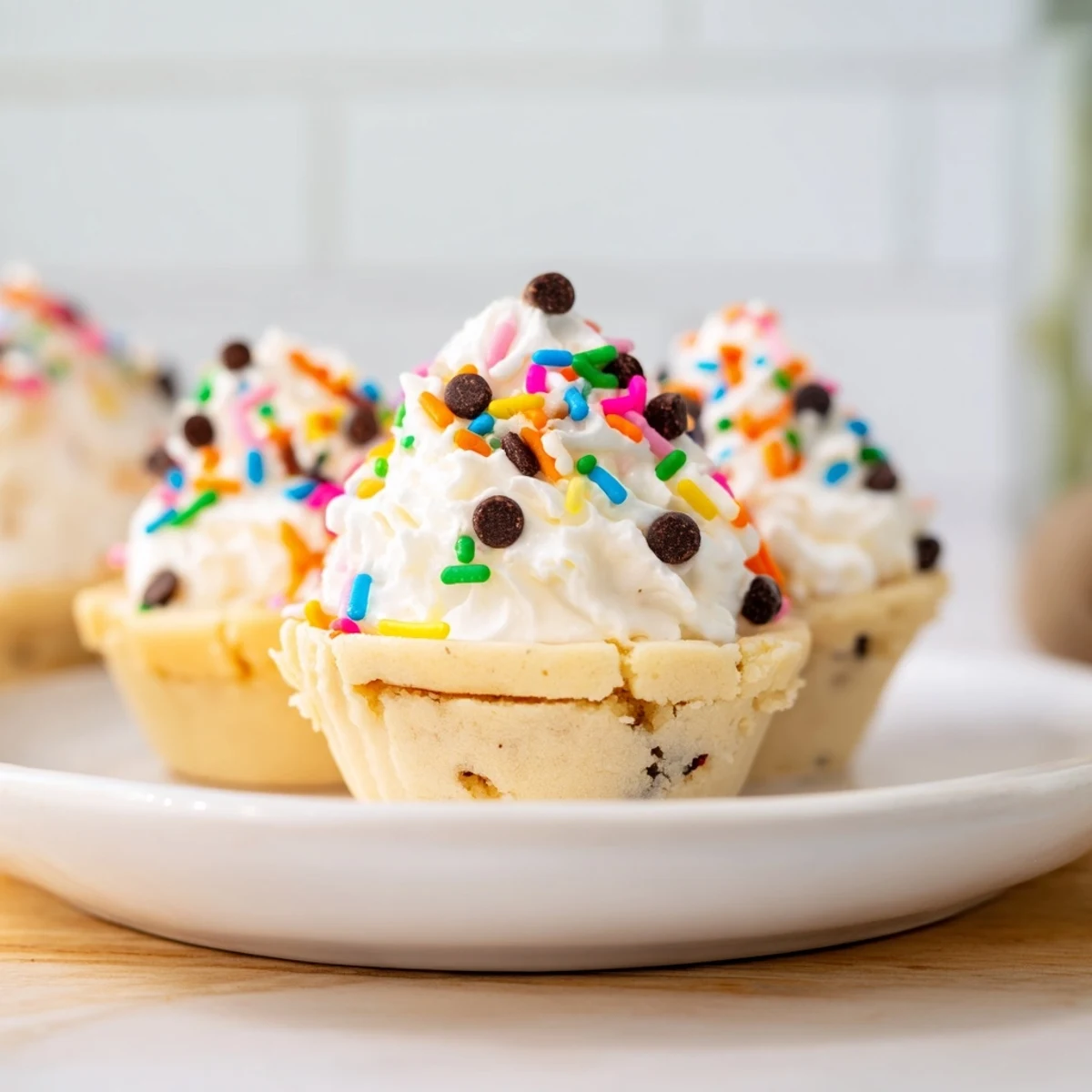 A close-up view shows Sugar Cookie Cups with a crisp, golden-brown edge, a soft interior, and a generous swirl of whipped cream topped with fresh raspberries.