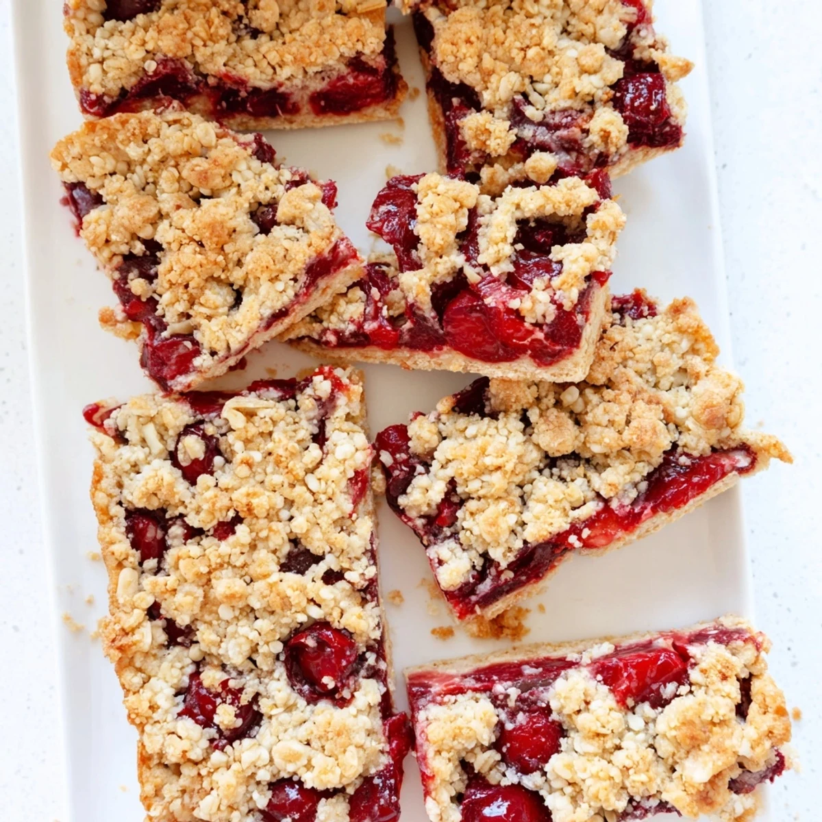 Golden-brown Easy Tasty Cherry Crumble Bars with a buttery oat crust and a bubbling, ruby-red cherry filling.