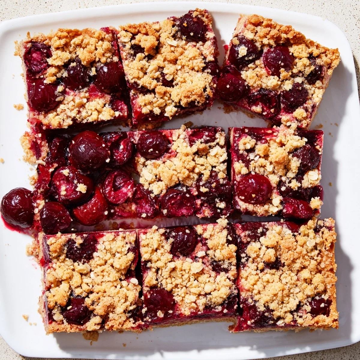 A close-up view of Easy Tasty Cherry Crumble Bars served warm, perhaps with a scoop of vanilla ice cream melting on top.