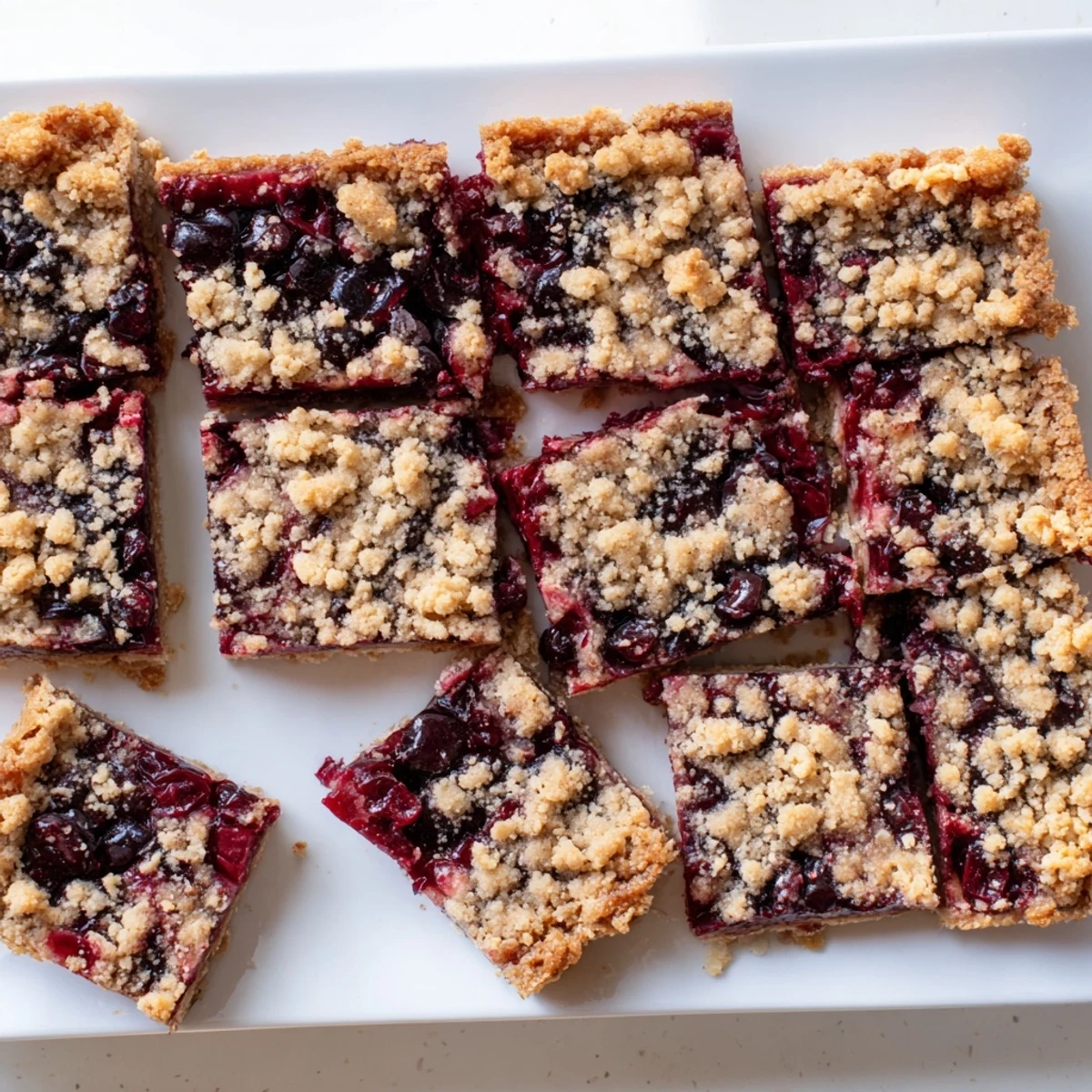 A slice of Easy Tasty Cherry Crumble Bars revealing the luscious cherry filling and crumbly oat topping, ideal for an afternoon treat.