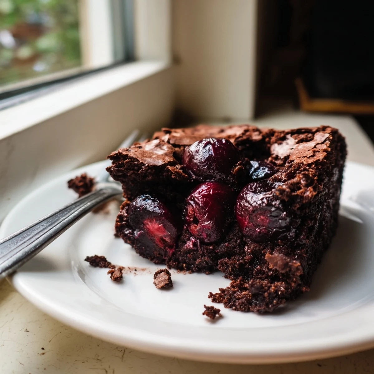 Freshly baked Roasted Cherry Brownies rest beside a scoop of vanilla ice cream, melting slightly on a rustic wooden board.