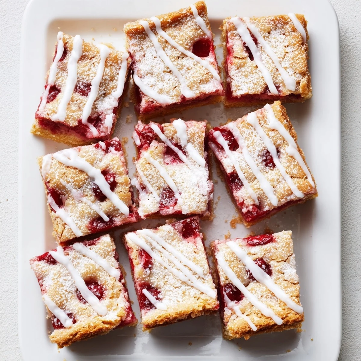 A close-up of Easy Cherry Pie Bars drizzled with sweet vanilla glaze on a rustic wooden table.