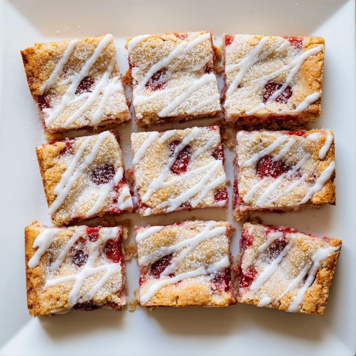 Freshly baked Easy Cherry Pie Bars with a golden crust and vibrant red cherry filling peeking through.