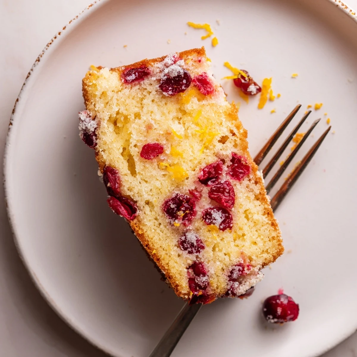 Homemade cranberry cake cooling on a wire rack, featuring a sweet orange zest and sugar topping.